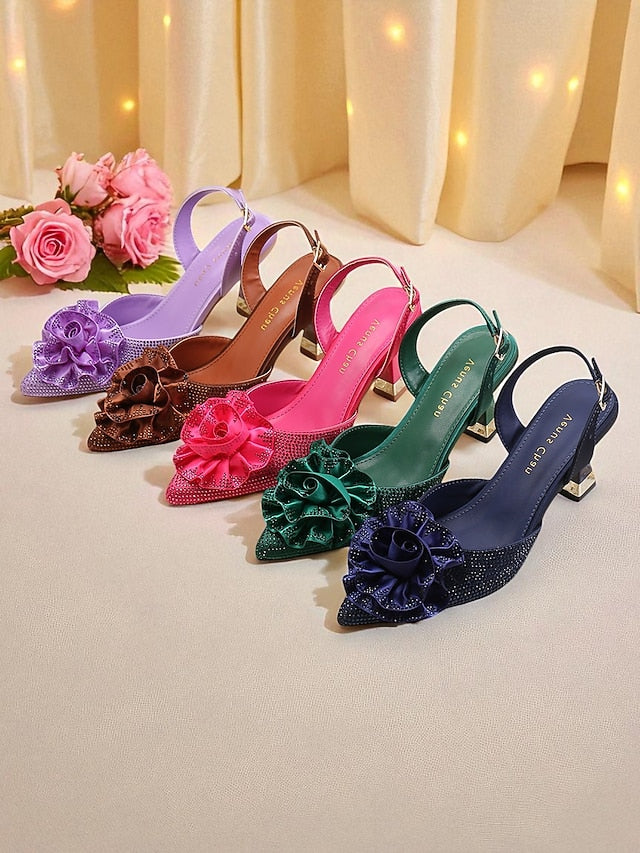 Women's Floral Heels Purple Slingback with Rhinestone FashionChic