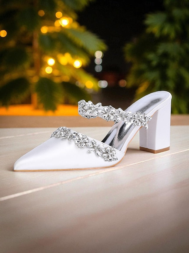 with Heel Mules Satin Floral Block Women's Black Rhinestone FashionChic