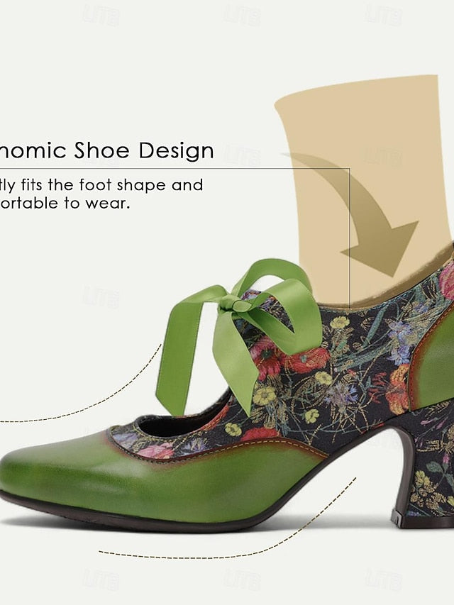 Mary Heels Green with Jane Women's Print Leather Floral FashionChic
