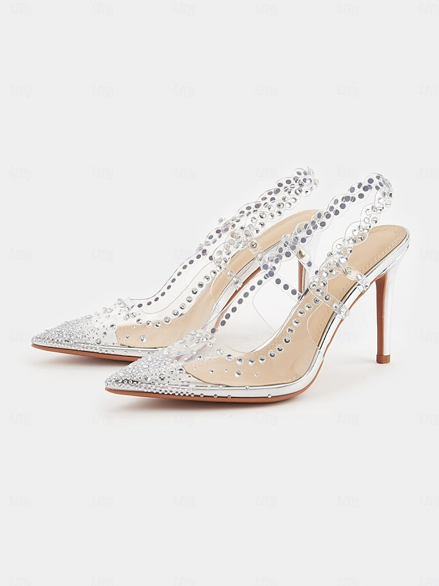 Women's Toe Clear Rhinestone Pointed with Slingback Heels FashionChic