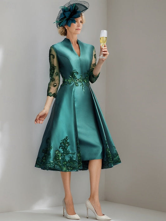 the A-Line Mother Tea Bride Neck V Vintage of Dress Elegant FashionChic