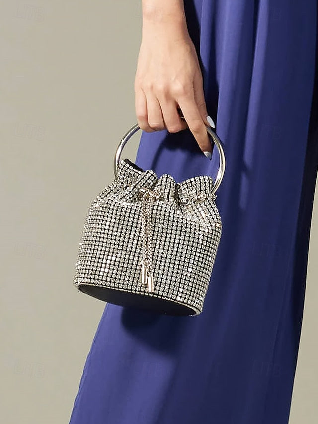 Women's with Rhinestone Metal Bag Silver Bucket Sparkling FashionChic