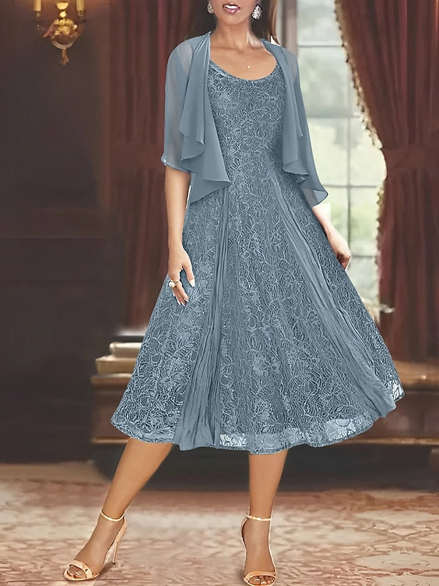 Elegant of Casual Mother Bride the Simple A-Line Dress Piece Two FashionChic