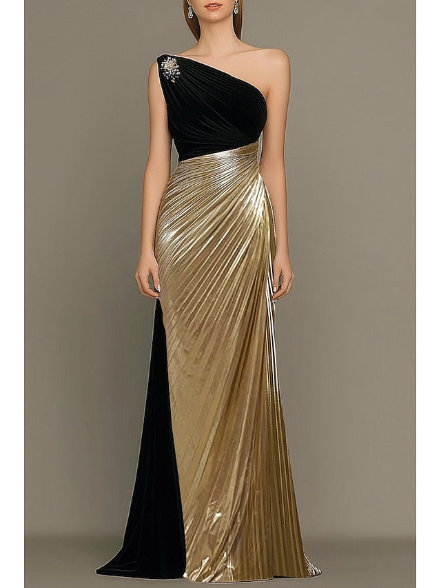 Wedding Elegant Gold Formal Gown Evening Dress Black Column FashionChic