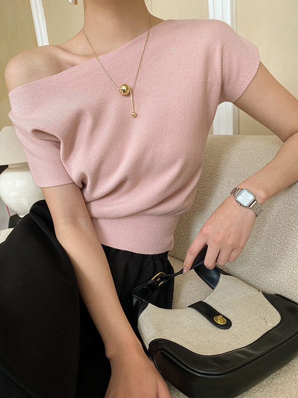 Pink Sleeve Top Short Knit Boat Loose Neck Stylish FashionChic