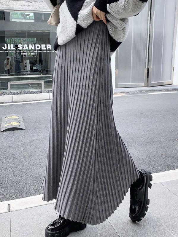 Brief Khaki High Waisted Pleated Striped A-Line Knit Skirt TW006 ABC