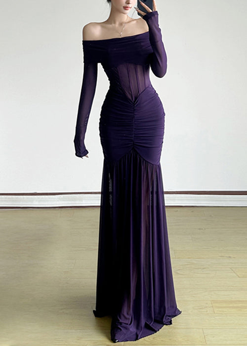 Slash Dresses Stylish Wrinkled Spring Neck Tulle Maxi Purple FashionChic