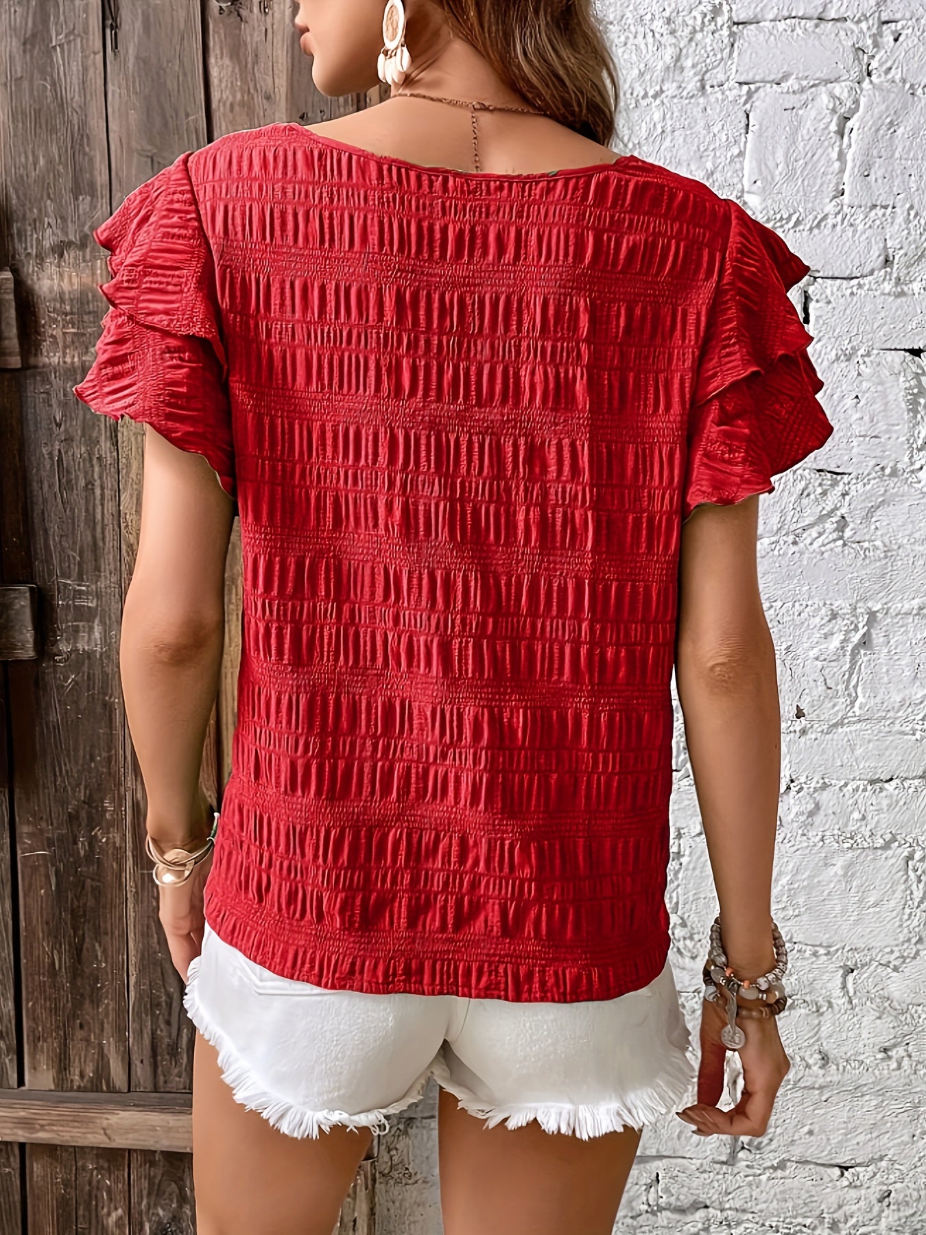 Elegant All-Season Crew Neck Blouse with Timeless Ruffle Detail, Durable & Non-Elastic Fabric - Perfect for Any Occasion Furdela