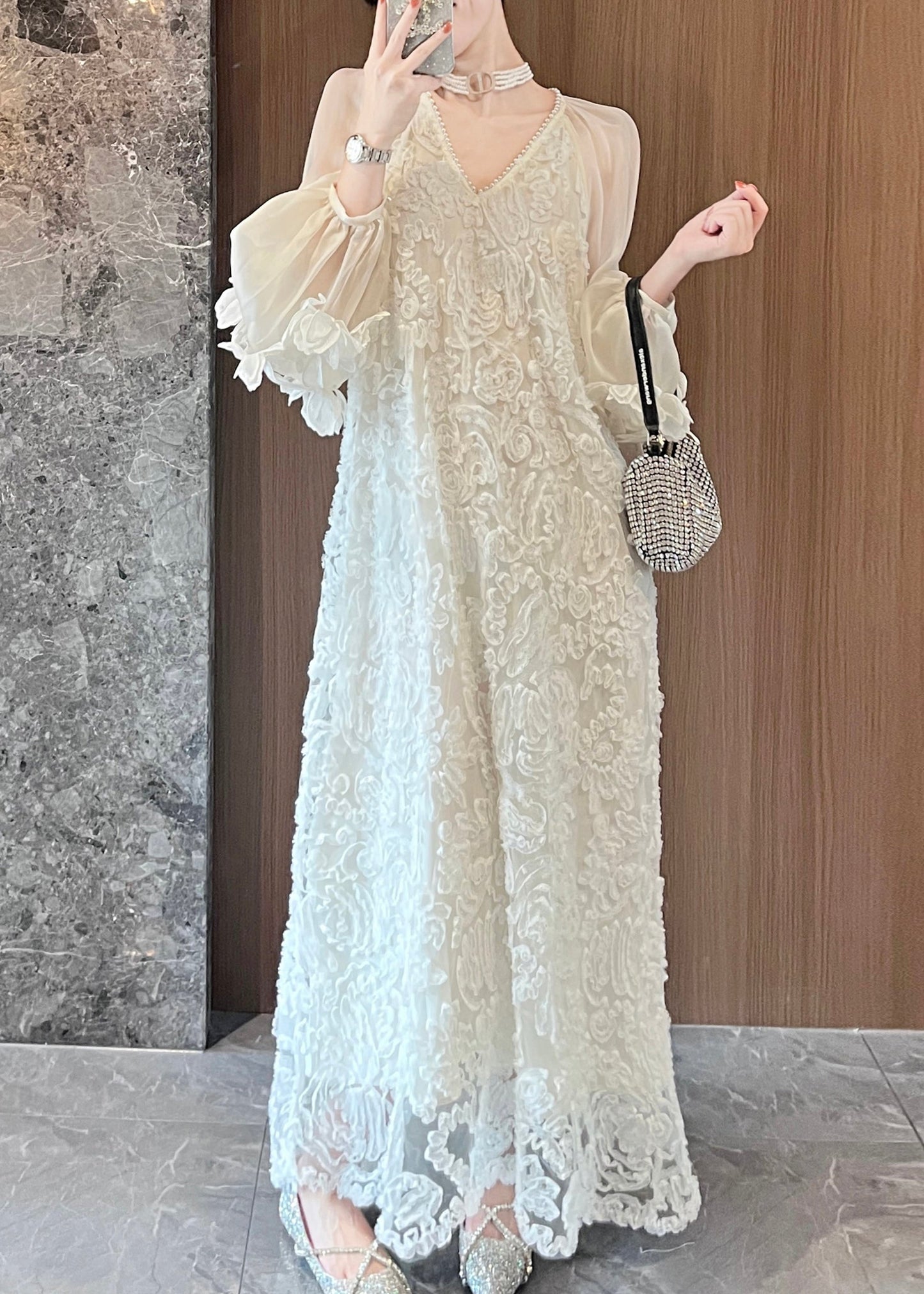 Beige Patchwork Italian Tulle V Spring Dresses Lace Neck Long FashionChic