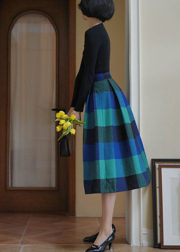 Unique Blue High Waist Plaid Wool Pleated Skirt Spring AJ1001 shopify