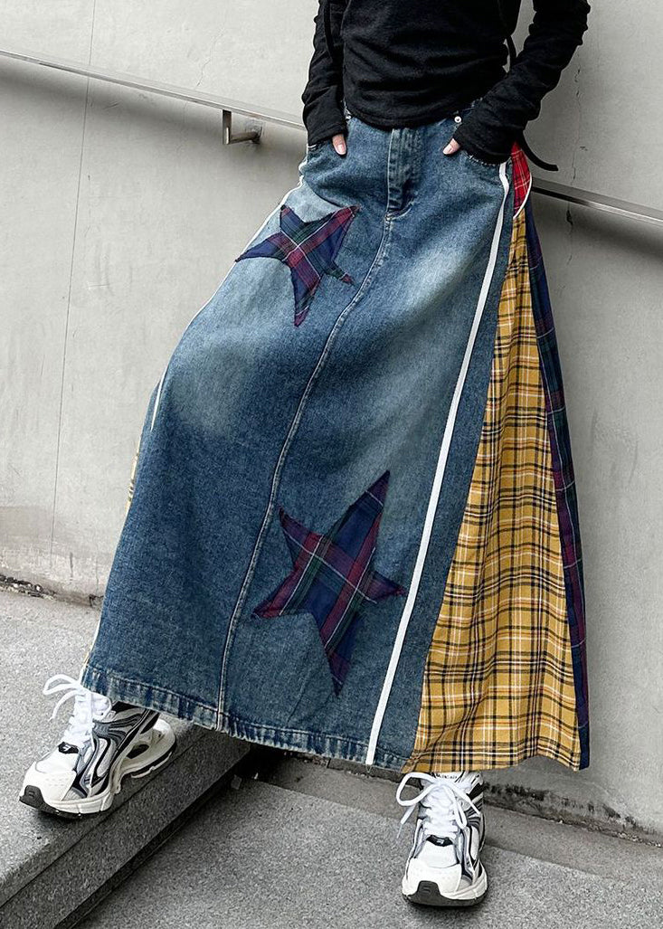 Yellow Patchwork High Spring Denim Waist Skirts Button Plaid FashionChic