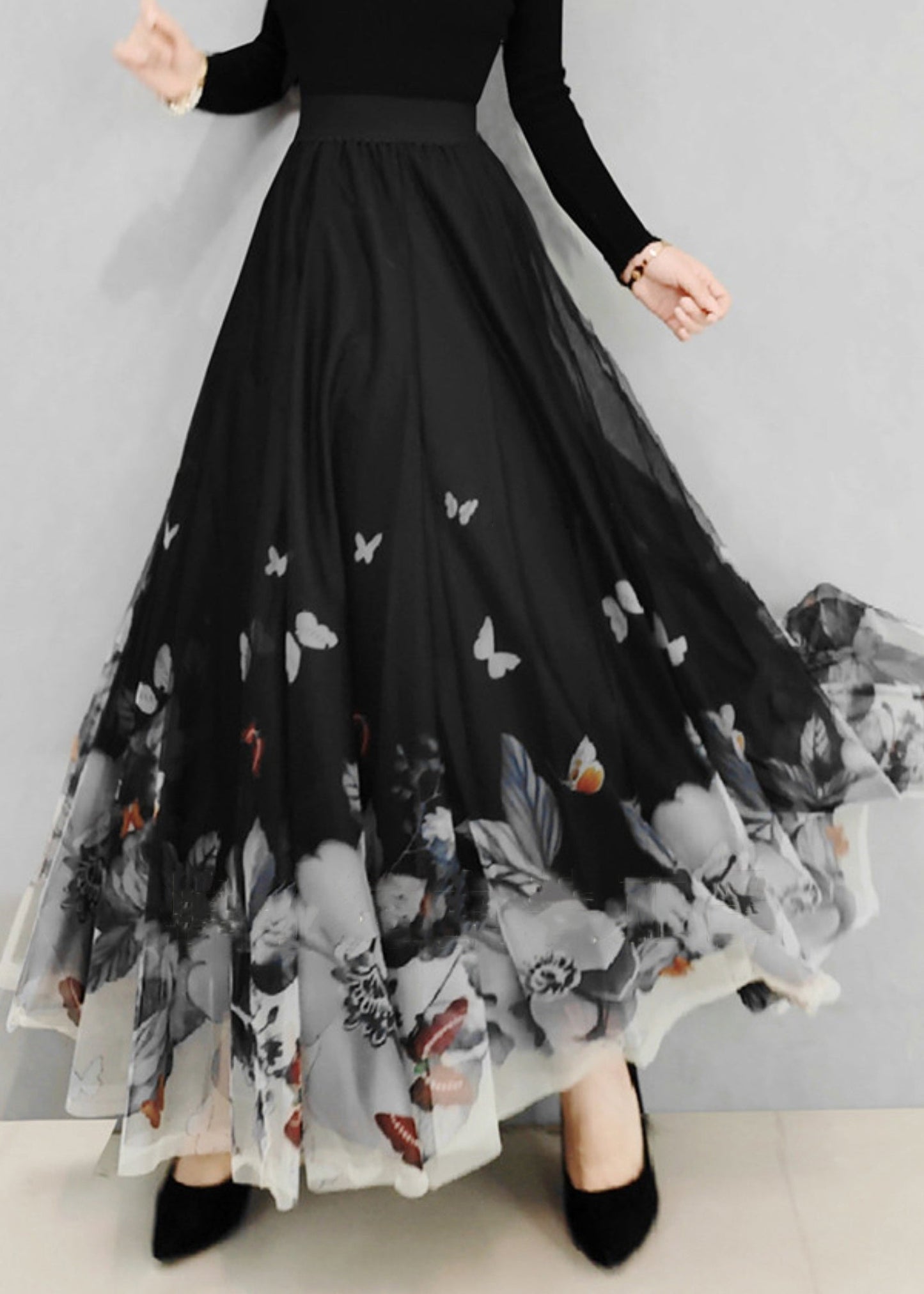 Italian Black Print Elastic Waist Tulle Skirt Spring RV009 ABC