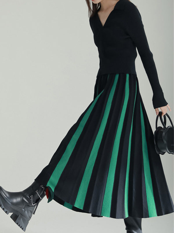 A-line Pleated Retro Skirt Knit Contrast White Color FashionChic