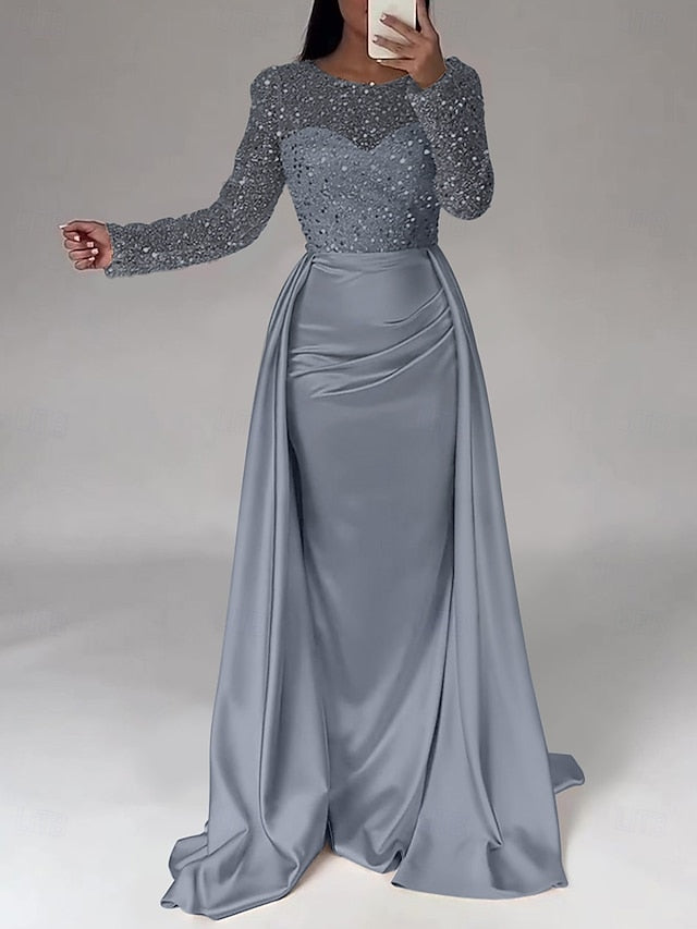 RuchedSatin Dress Sleeves Mermaid Gown Evening Sequin Long FashionChic