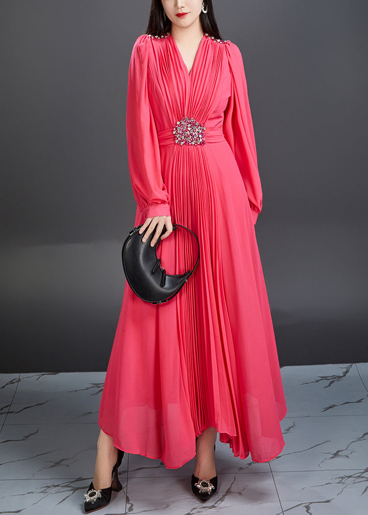 Novelty Red V Neck Wrinkled Chiffon Long Dress Fall AR1039 JDML-240823