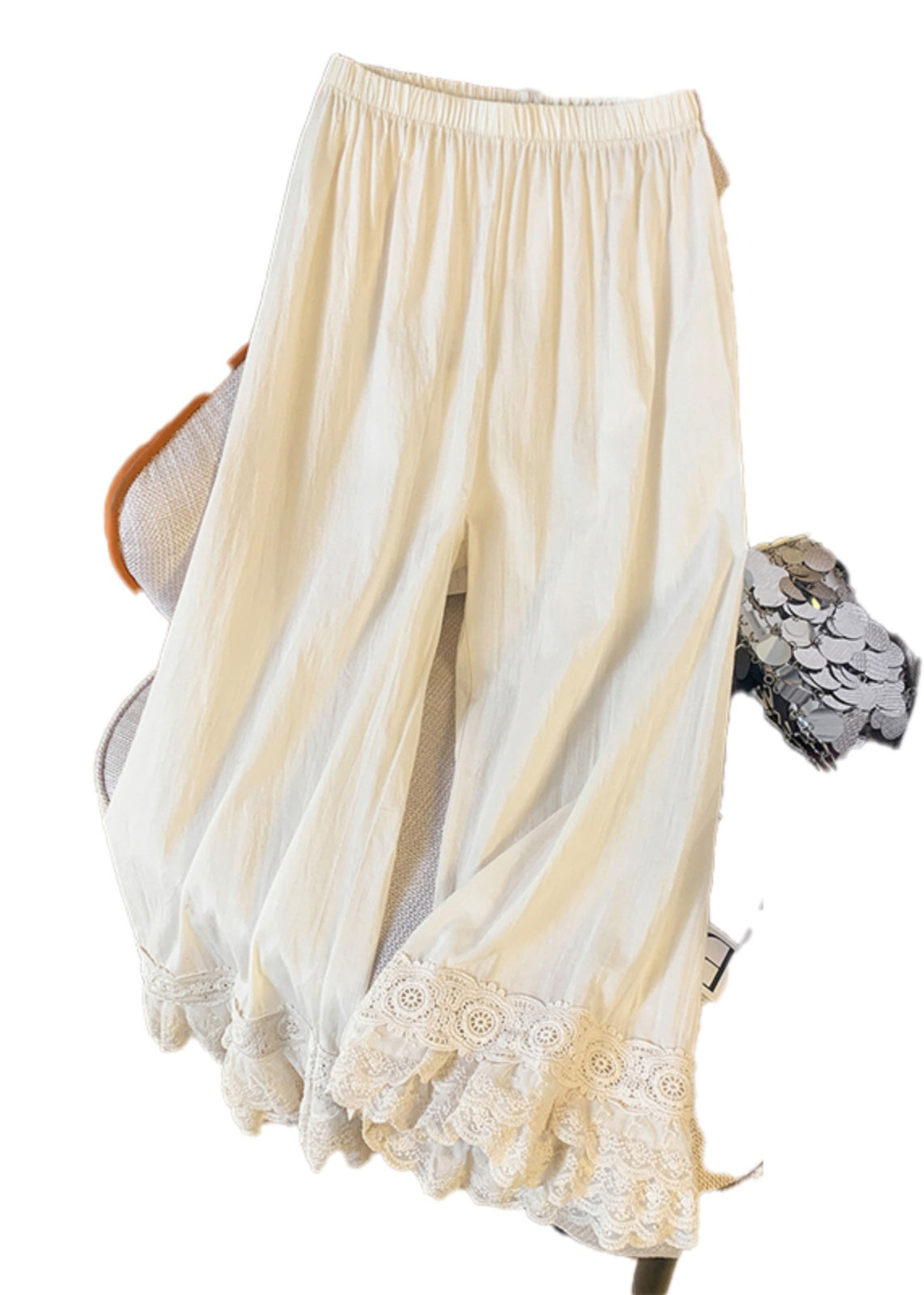 Summer Straight Lace Pants Beige Unique Patchwork Waist Elastic FashionChic