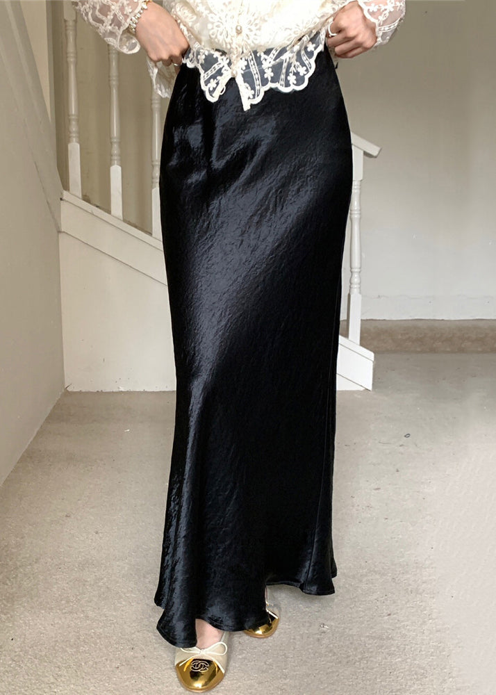 Boutique Black Side Open Solid High Waist Silk Maxi Skirts Fall QP060 OL-SKTS241001