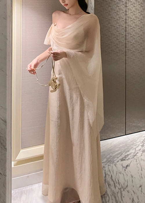 Summer Silk Solid Asymmetrical Apricot Maxi Dresses Elegant FashionChic