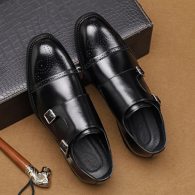 Double Men's Shoes Monk Strap Faux Brown with Dress Leather FashionChic