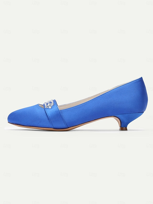 Blue Satin Heels Kitten Rhinestone with Women's FashionChic