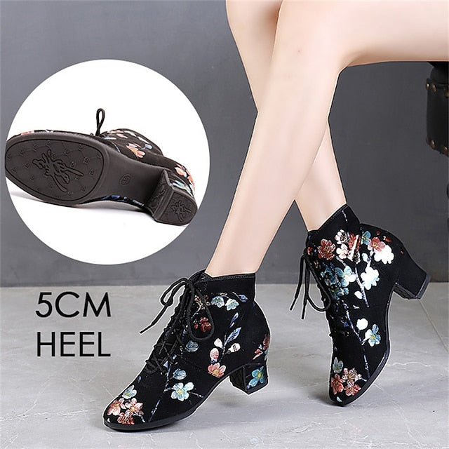 Floral Comfortable Women Lace-up – Black Low for Dance Shoes FashionChic