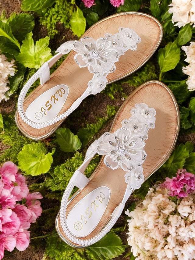 – Lace Women's Embellished Pink Floral Sandals T-Strap FashionChic