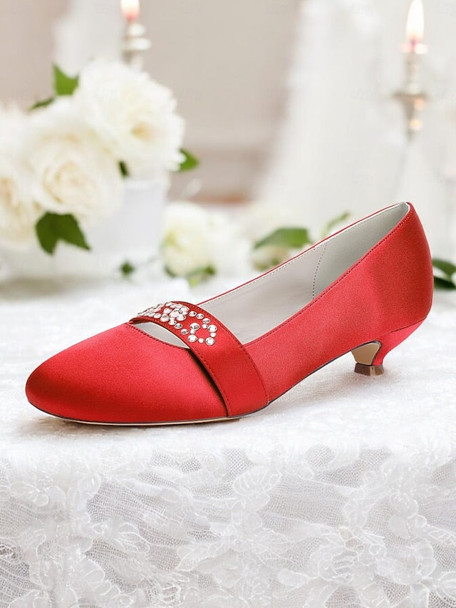 Blue Satin Heels Kitten Rhinestone with Women's FashionChic