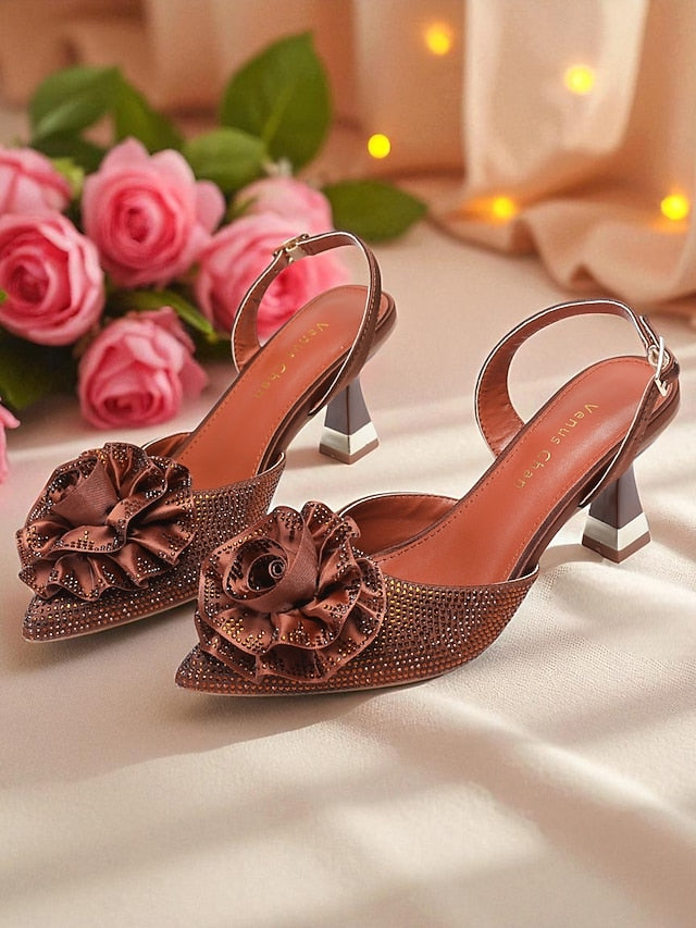 Women's Floral Heels Purple Slingback with Rhinestone FashionChic