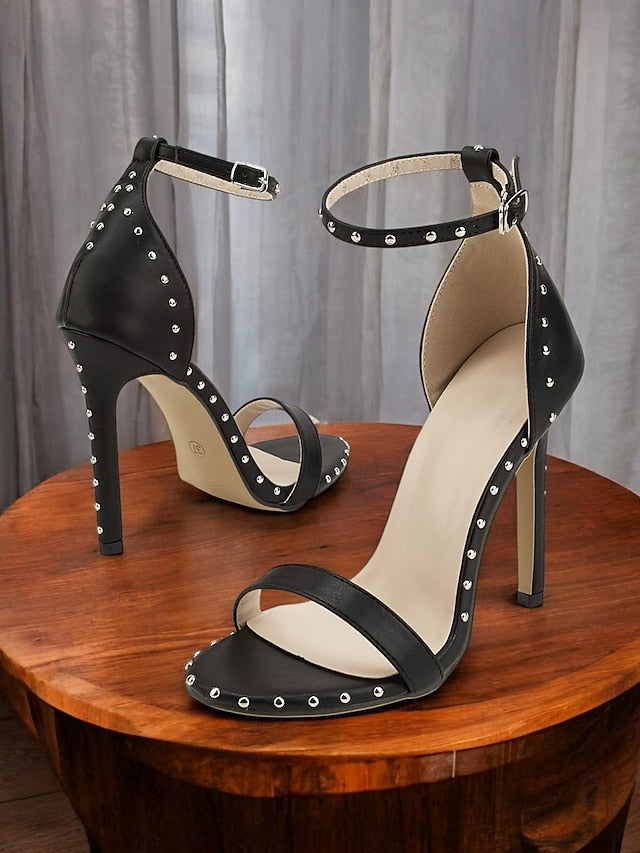 Stud Embellishments with Silver Black - Sandals Stiletto FashionChic