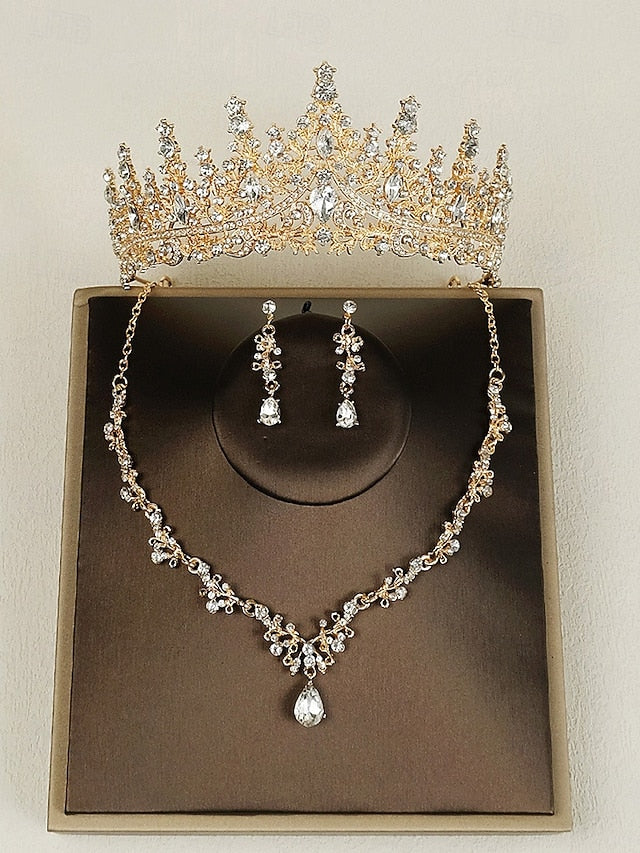 Crown Tiara and Necklace – Sparkling Diamond Set Gold-Plated FashionChic