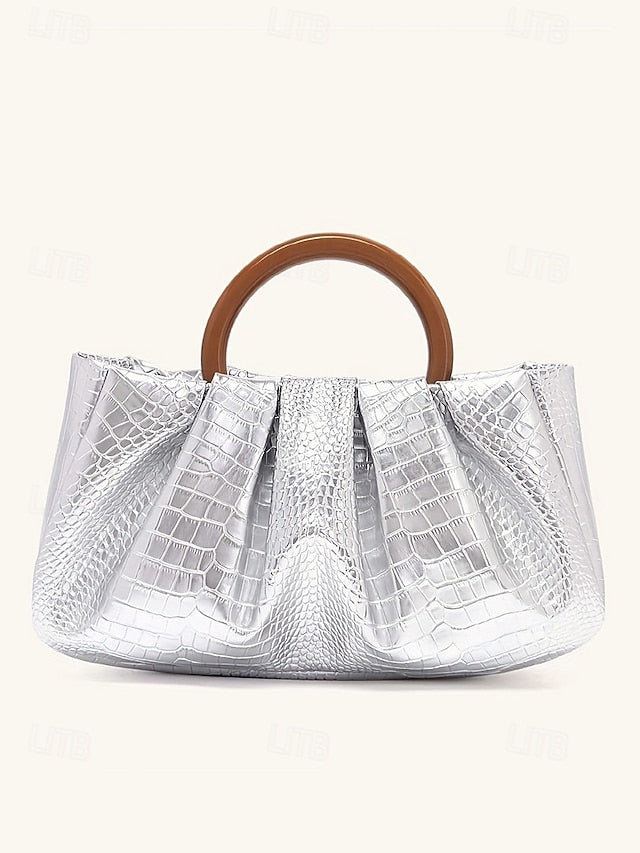 with Pleated Women's Faux Leather Acrylic Tote Bag Clutch FashionChic