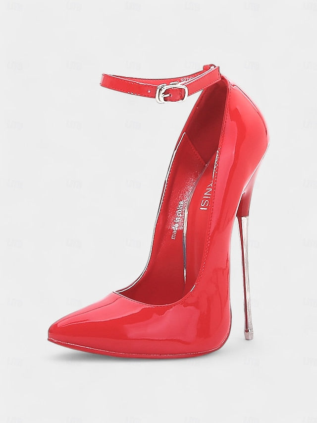 with Red Women's Patent Heels Ankle Stiletto Leather Strap FashionChic
