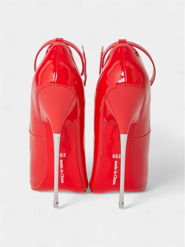 with Red Women's Patent Heels Ankle Stiletto Leather Strap FashionChic
