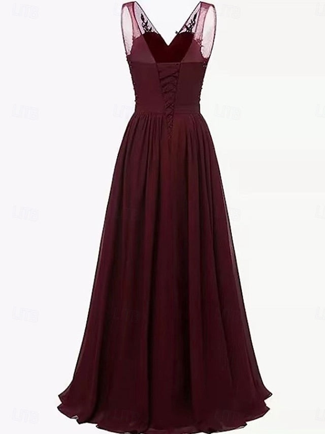 the Neck Dress Simple Floor V Elegant Mother A-Line Bride of FashionChic