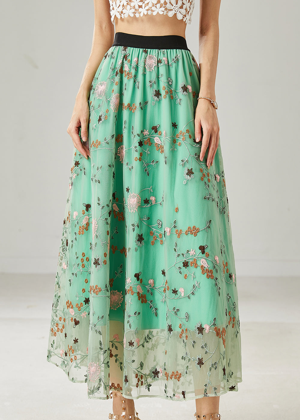 Italian Green Embroidered Tulle Skirts Summer AZ1044 shopify