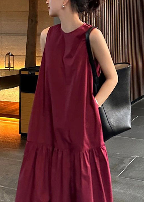 Wine Dresses Cotton Solid Pockets Long Red Wrinkled Simple FashionChic