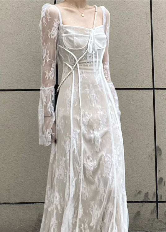 French Black Square Collar Patchwork Lace Long Dress Flare Sleeve AZ1028 shopify