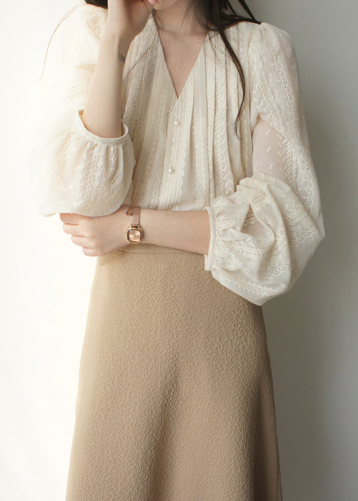 Lantern Art Embroidered Apricot Shirt Chiffon Sleeve FashionChic