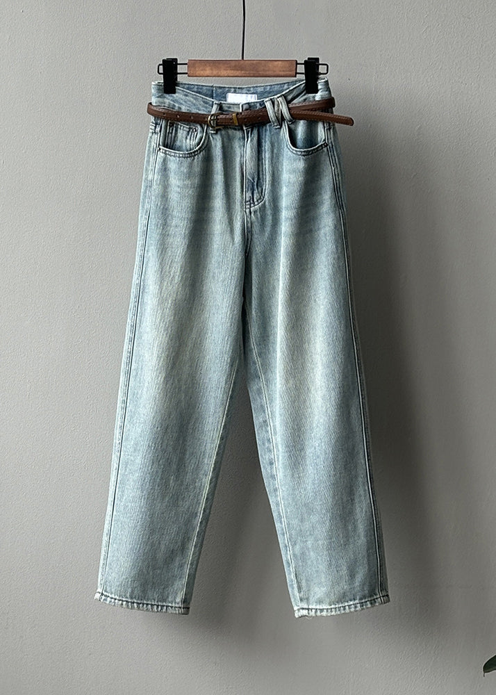 Simple Light Blue High Waist Pockets Denim Straight Pants Fall WD017 HS-LPTS241103