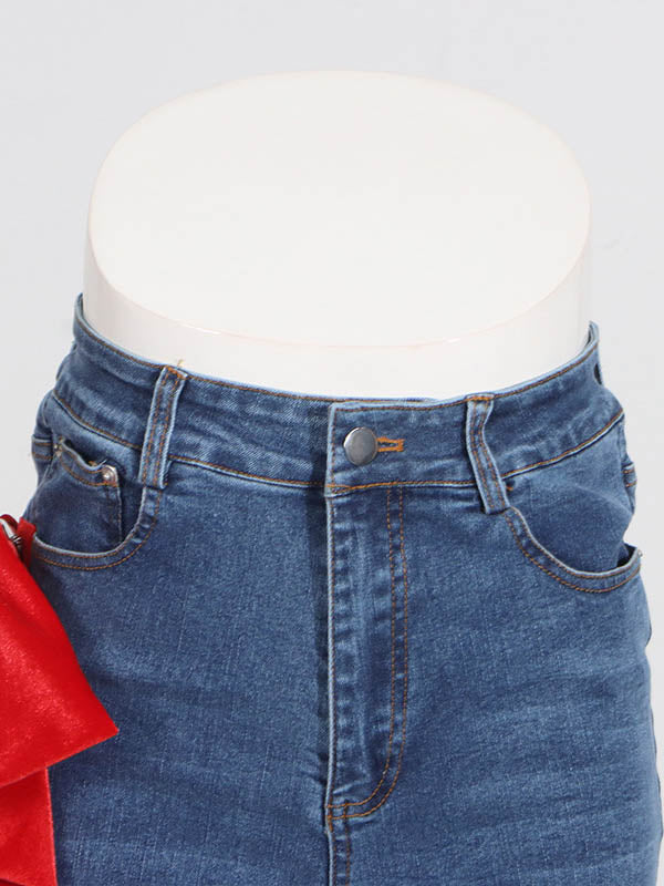 Red Chic Tied Straight Jeans High Waist Buttoned FashionChic