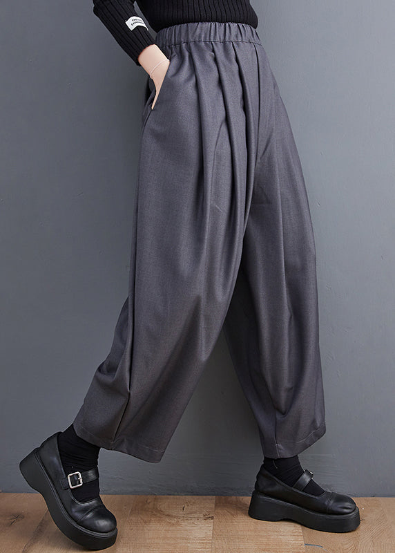 Pockets Crop Waist Elastic Cotton Spring Casual Grey Pants FashionChic