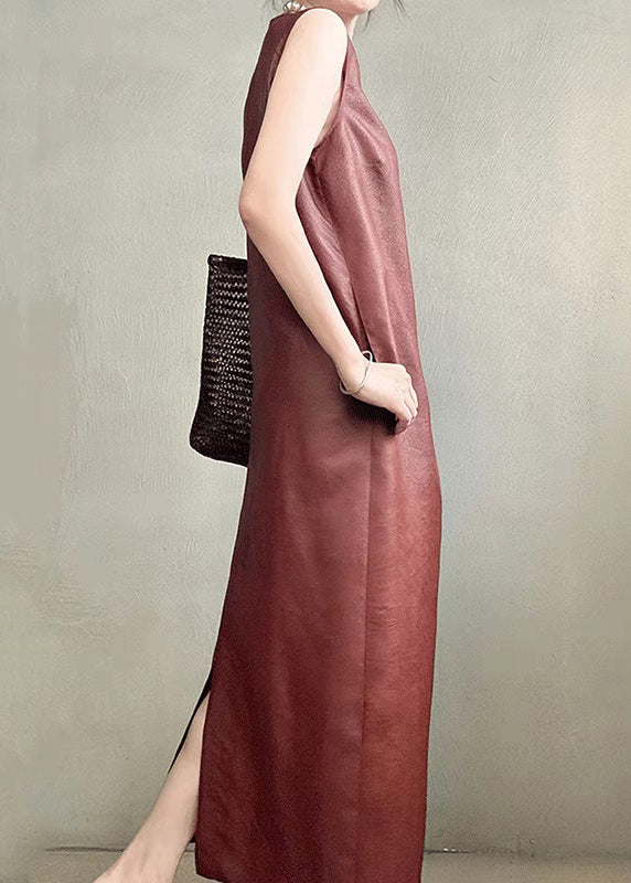 Open Side Sleeveless Long Back Elegant Red Dress Pockets Silk FashionChic