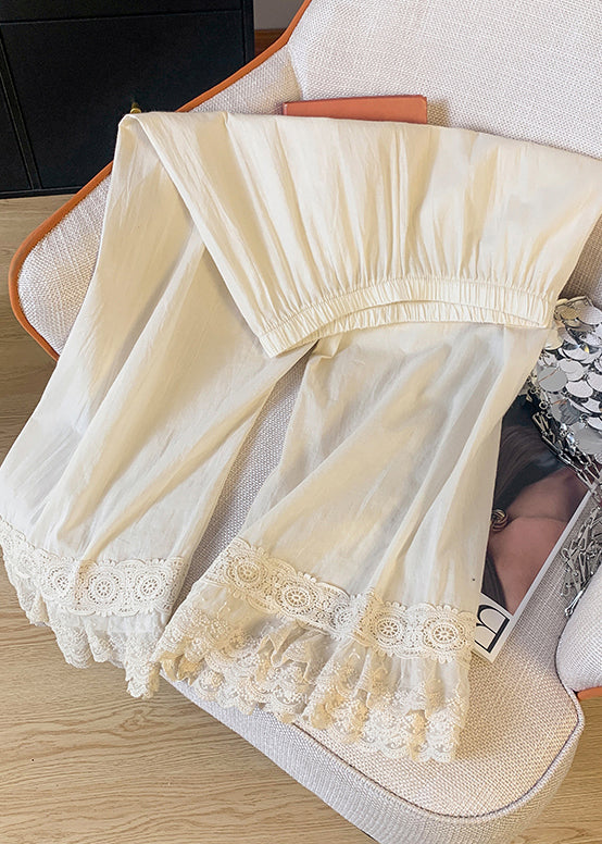 Summer Straight Lace Pants Beige Unique Patchwork Waist Elastic FashionChic