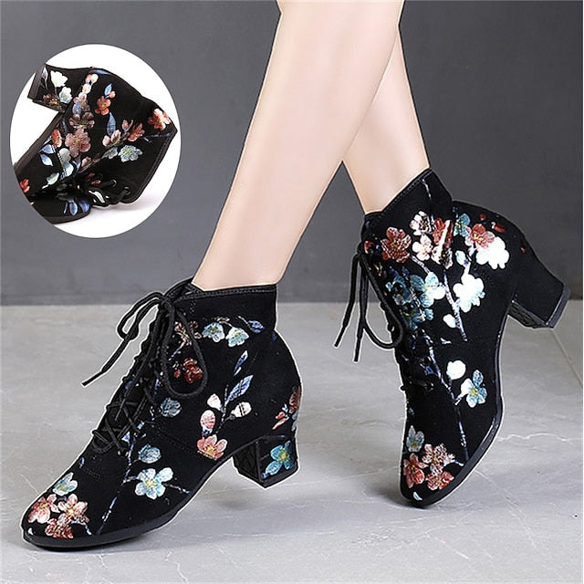 Floral Comfortable Women Lace-up – Black Low for Dance Shoes FashionChic