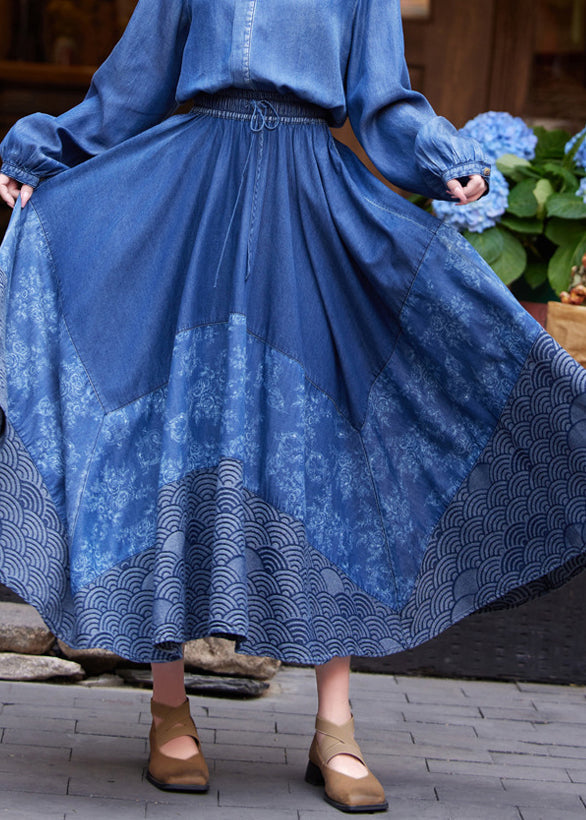 Casual Denim Blue Print Tie Waist Maxi Skirt Summer NN016 shopify
