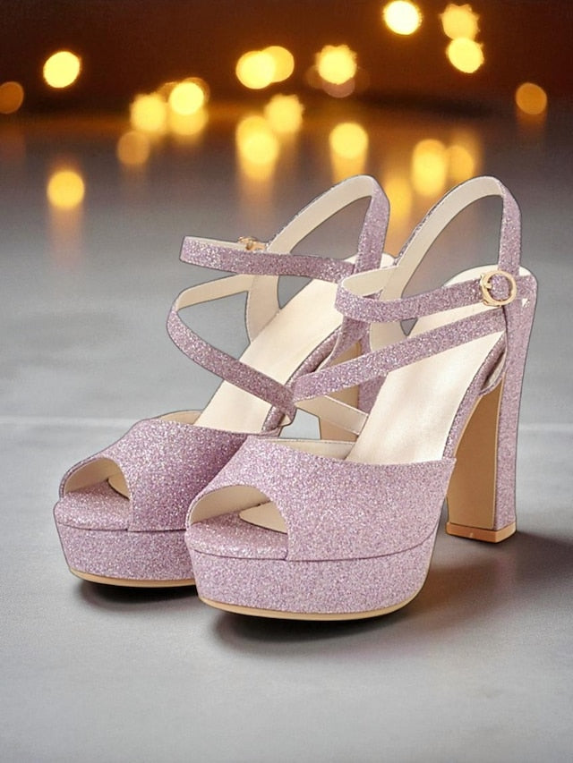 Strap Ankle Heel Women's Platform Sandals with Glitter High FashionChic