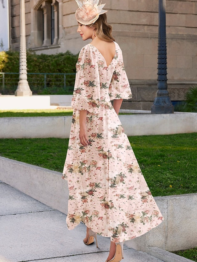 the Mother Bride Floral Vintage Print of Elegant A-Line Dress FashionChic