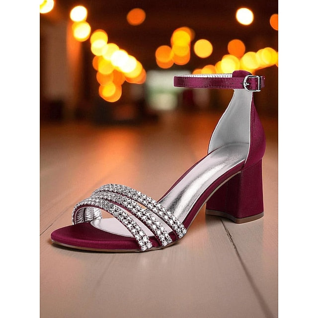 Satin Rhinestone Heel with Block Purple Women's Sandals FashionChic