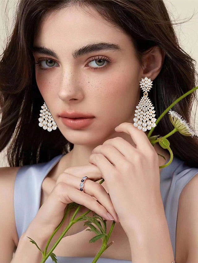 – Vintage Faux Earrings Elegant Drop Pearl and Rhinestone FashionChic