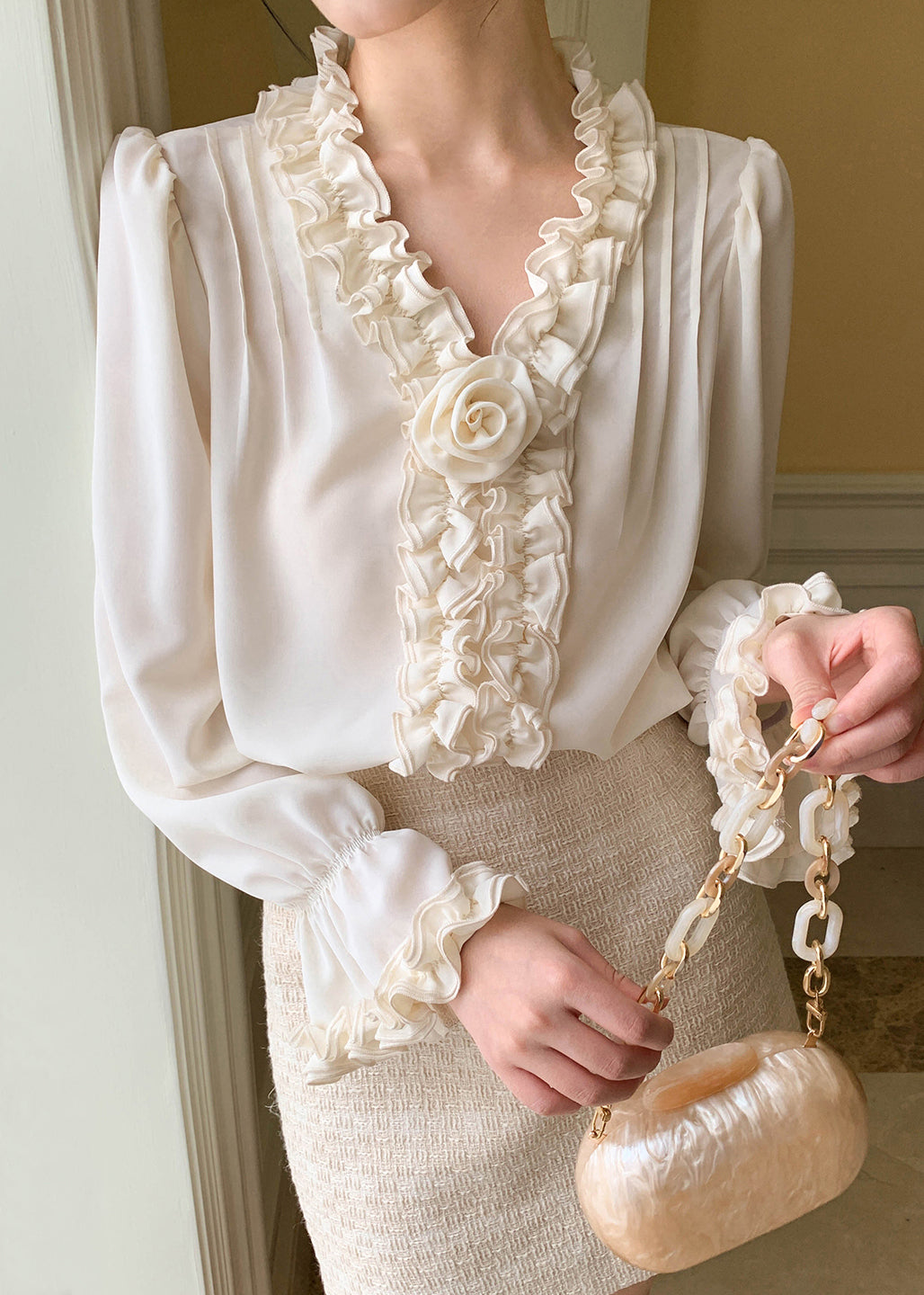 Apricot Art Shirt Petal Chiffon Solid Sleeve Ruffled FashionChic